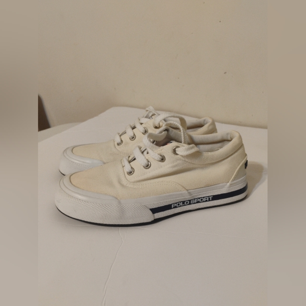 Polo Sport Ralph Lauren Canvas Shoes Size 7 1/2 Cream Spellout Deck Shoes - Picture 4 of 16